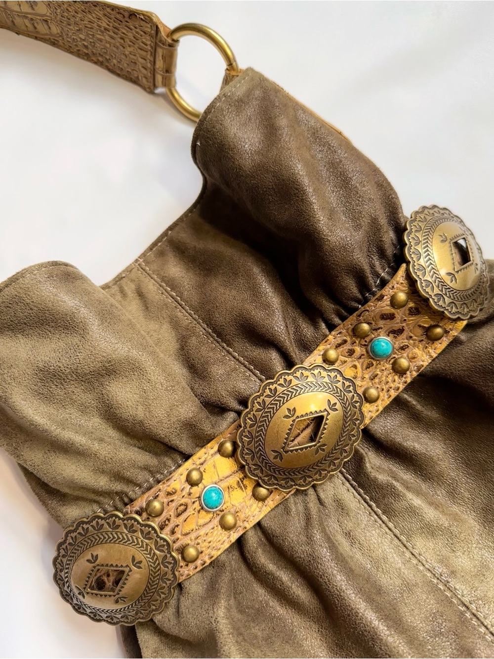Brown Suede Hobo Bag with Turquoise-Accent Concho Belt - Picture 4 of 9